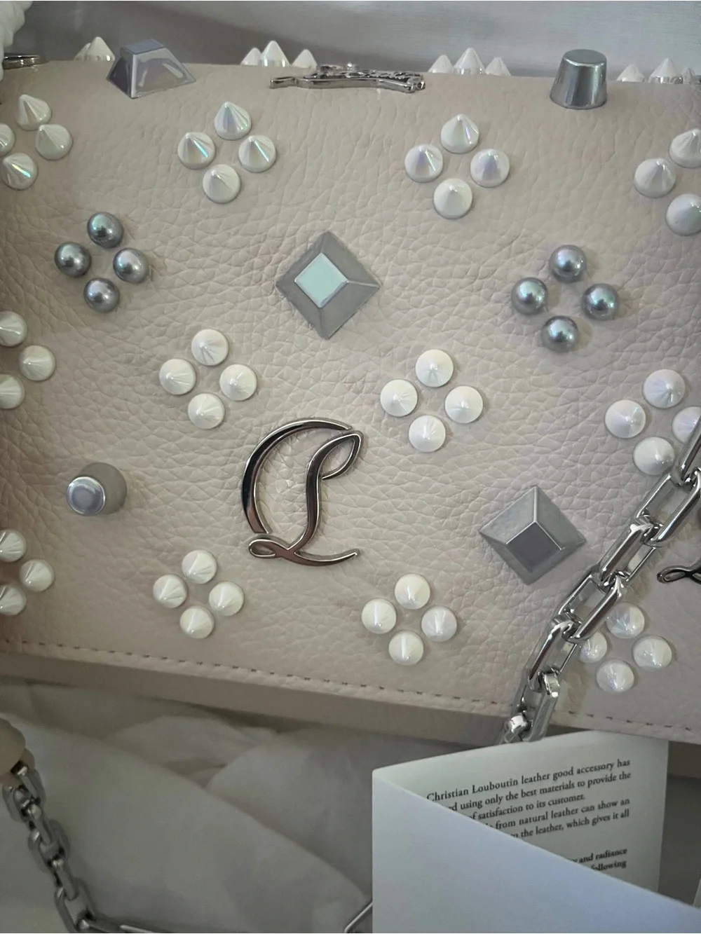Christian Louboutin Paloma Clutch in Leche Beige with Silver Studs